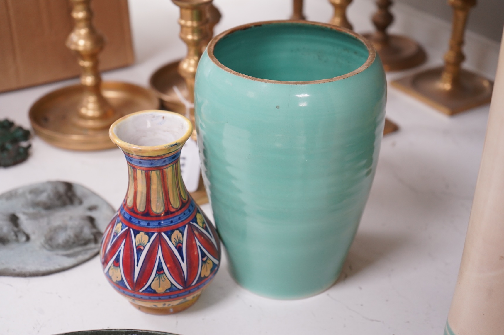 A collection of ceramics to include a Poole turquoise vase, modernist elephant and Santo Stefano di Camastra vase, largest 37cm high